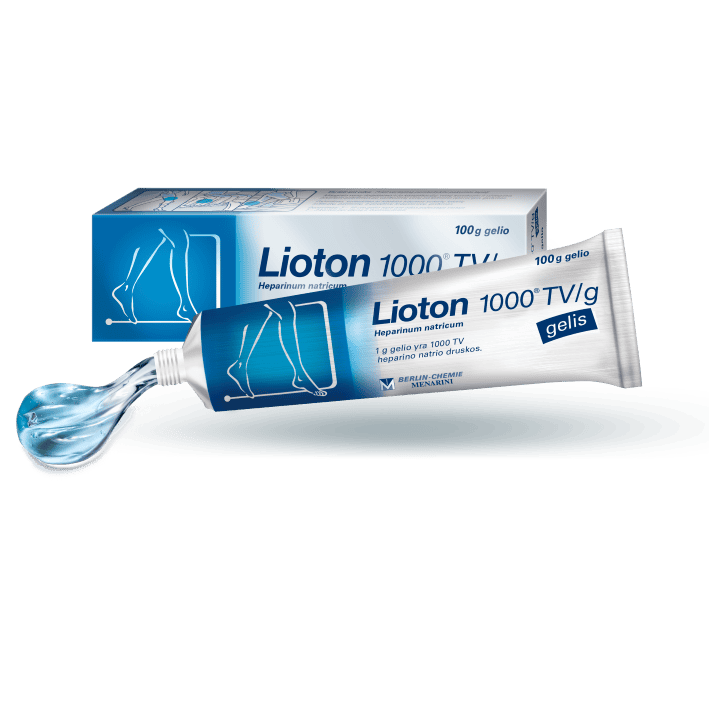 Lioton 1000" gelio tūbelė su mėlynu geliu, iš kurio teka mėlynas gelis, padėta priešais mėlynos ir baltos spalvos pakuotės dėžutę. Ant tūbelės ir dėžutės nurodytas gaminio pavadinimas ir kojų kontūriniai piešiniai.